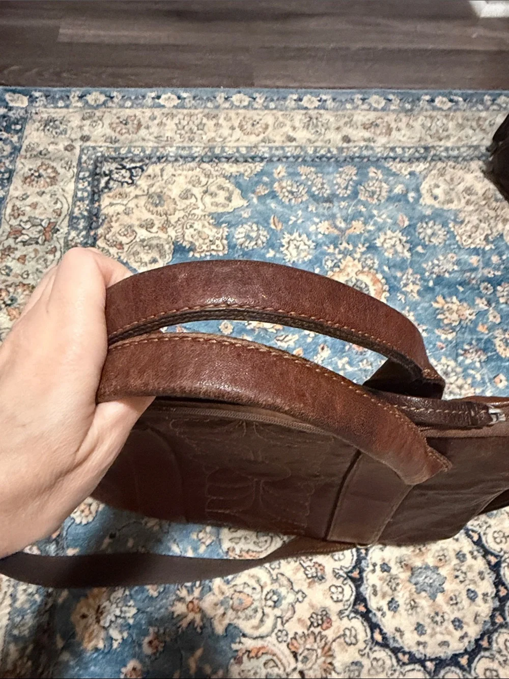 Fossil Brown Leather Laptop Messenger with Floral Stitching